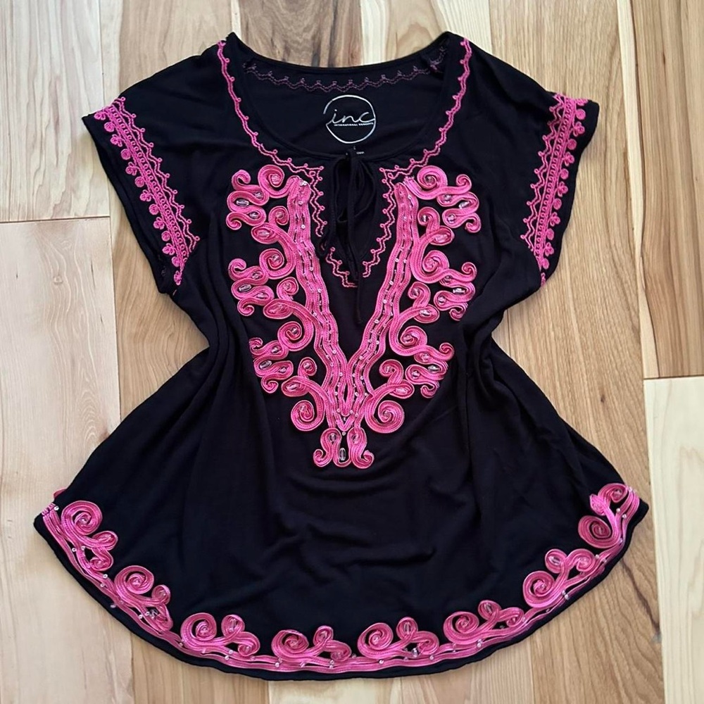 Pink and black boho embroidered top